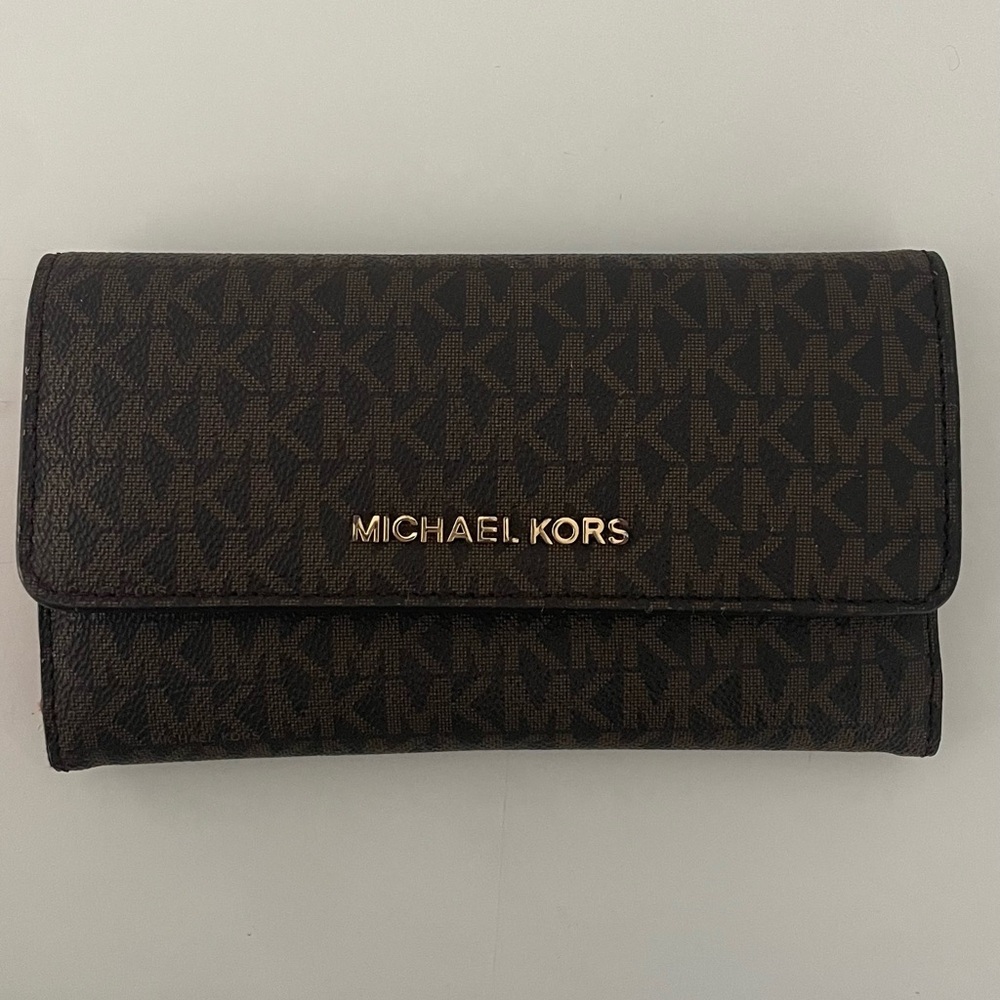 Michael Kors Jet Set Brown MK Logo Flap Wallet Red Interior